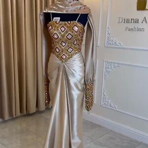 Elegant Gold and Multicolor Evening Gown